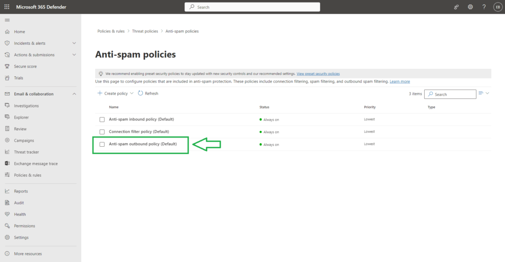 Anti spam outbound policy Microsoft Defender